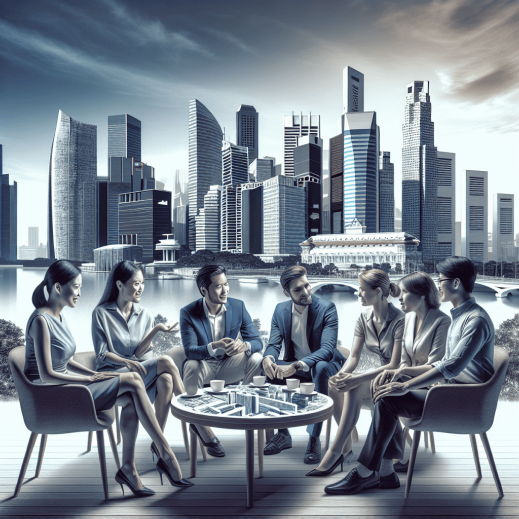 A diverse group of four individuals engaged in a lively discussion about real estate investments, set against a backdrop of Singapore's skyline featur